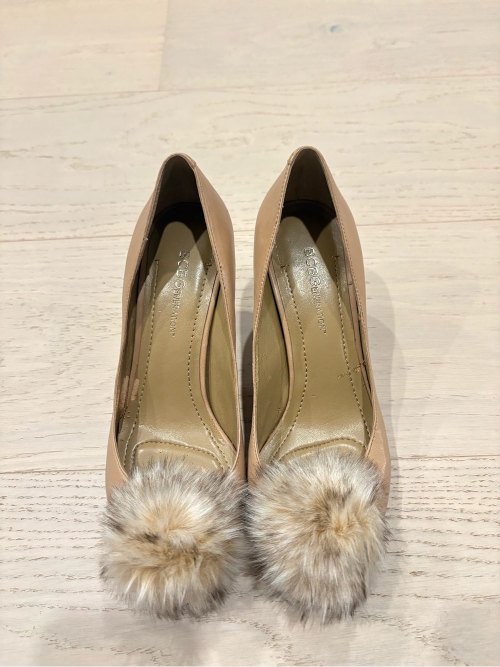 BCBGMaxAzria Blush Nude Pom-Pom Leather Pumps